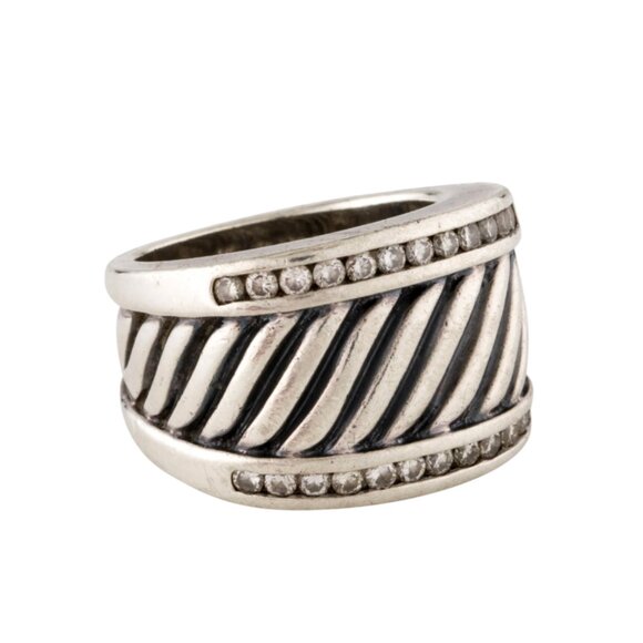 David Yurman 925 Sterling Silver Cable Cigar Band Ring Womens 6 Pave Diamonds - Picture 2 of 14